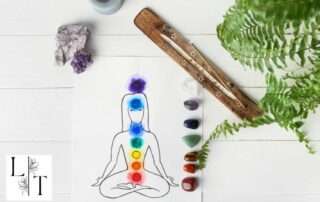Illustration des chakras avec des pierres naturelles associées, symbolisant l’équilibre énergétique et l’harmonisation en lithothérapie